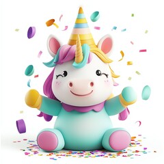 Naklejka premium A cheerful unicorn toy with colorful confetti, wearing a party hat, radiating joy and celebration.