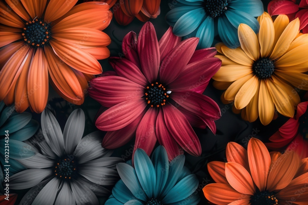 Aufkleber bright and colorful flowers in multiple hues bloom against a dark backdrop, showcasing their intrica