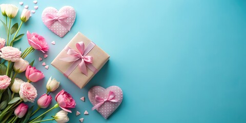 Happy Mother's Day celebration with blue background, love heart, flower, and gift boxes , Mother's Day
