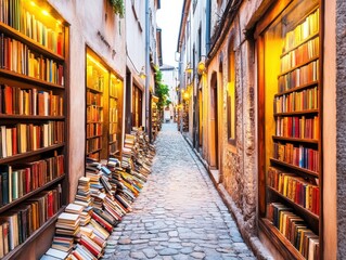 Charming alley filled with bookshelves, illuminated by warm light, creating a cozy atmosphere for readers and book lovers.