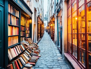 Fototapeta premium Charming alley with bookstores and stacks of books, creating a cozy atmosphere in a quaint urban setting.
