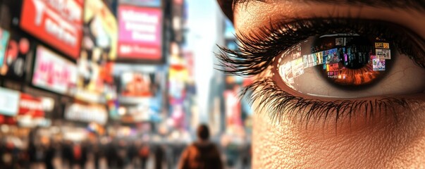 Close-up of an eye reflecting vibrant city lights, capturing an urban atmosphere and the essence of city life.