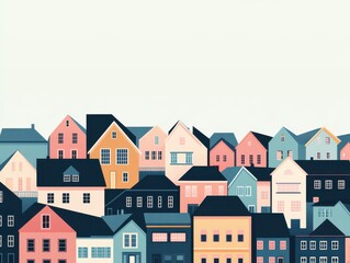 Colorful houses lined up in a charming neighborhood, showcasing varied architectural designs and vibrant hues against a light background.