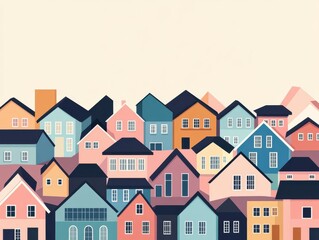 Colorful illustration of various houses layered together, showcasing different styles and hues in a charming neighborhood scene.