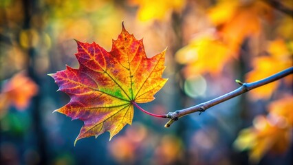 Fototapeta premium A close-up of a colorful autumn leaf on a tree branch, autumn, leaf, tree, nature, foliage, seasonal, vibrant, colors