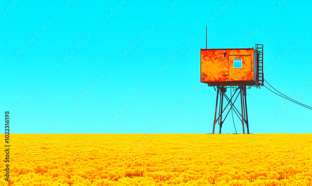 Sticker A rusty orange water tower stands tall in a field of bright yellow wildflowers against a vibrant blue sky.