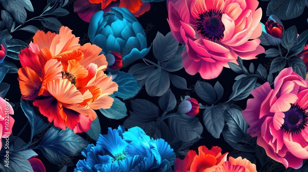 Poster the arrangement showcases an array of large, vibrant flowers in diverse colors set against a deep bl