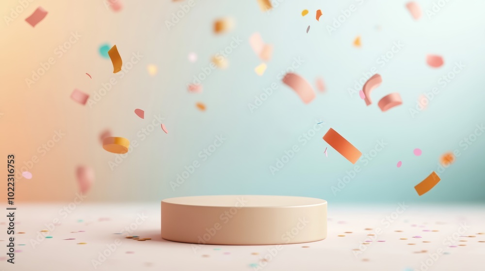 Wall mural podium platform surrounded by dynamic, abstract shapes and confetti in motion, creating a festive 3d