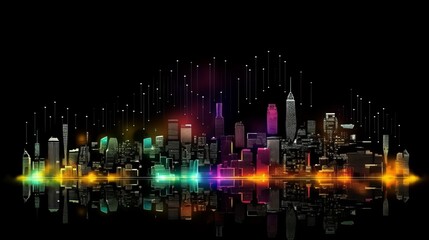 A city skyline with a reflection of the city in the water