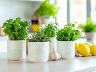 Fresh herbs in white pots on a kitchen countertop, adding vibrant color and flavor to cooking. Perfect for culinary inspiration.