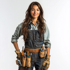 Female plumber with tools posing on white background