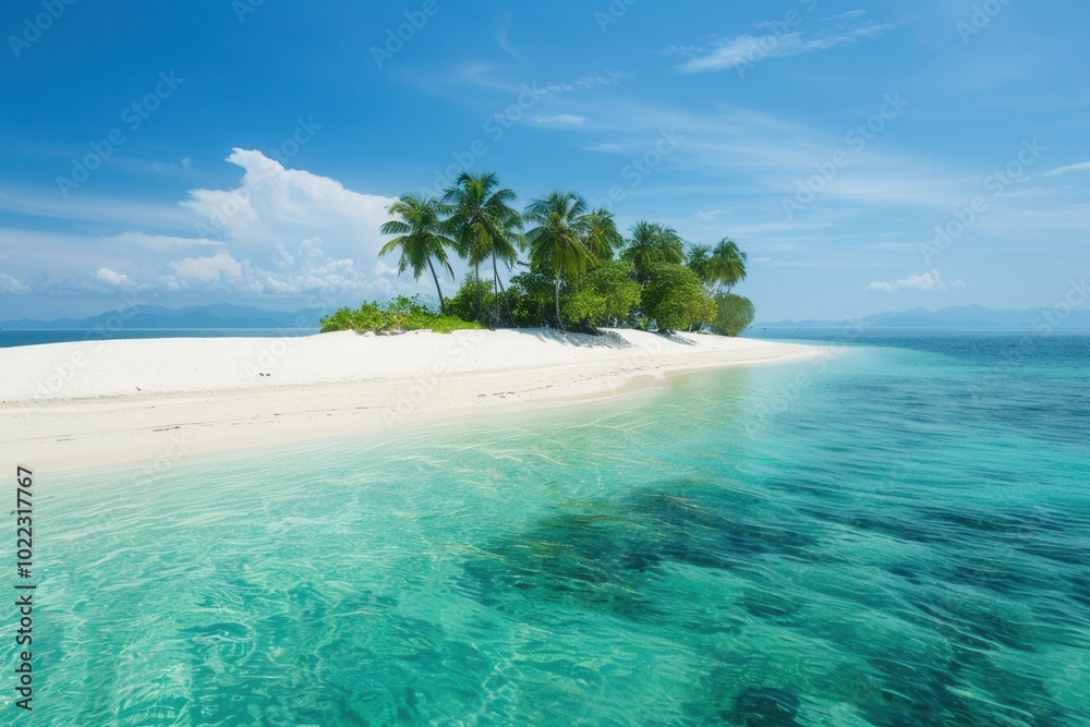 Aufkleber a serene island featuring soft white sand, swaying palm trees, and clear turquoise waters inviting r