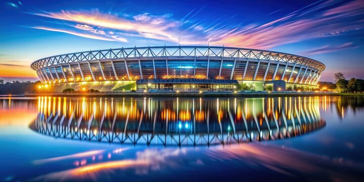 Futuristic stadium with vibrant lights reflected on water surface at dusk, futuristic, stadium, night, illuminated, modern, lights