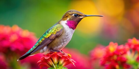 Fototapeta premium Hummingbird perched delicately on a vibrant flower , wildlife, nature, colorful, delicate, feathers, bird, garden, pollination, tiny