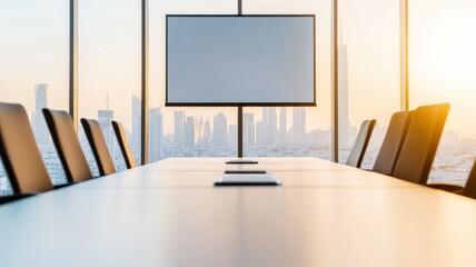 Modern conference room with a panoramic view, featuring a large screen and stylish chairs, perfect for meetings and presentations.