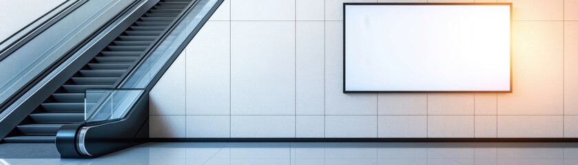 Obraz premium Modern escalator and blank advertising space in a sleek interior design for urban environments and contemporary architecture.