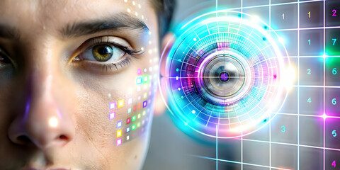 Macro Shot of Face with Holographic Calendar Overlay in Futuristic Home Office - Blending Reality and Virtual Elements for Organization and Happiness