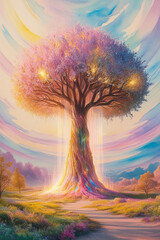 A mysterious towering tree with pastel colors