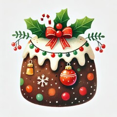 Whimsical Watercolor Christmas Pudding with Festive