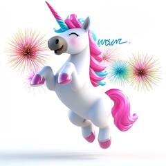 A cheerful, animated unicorn with a pink mane jumps joyfully, surrounded by colorful sparkles, embodying fun and fantasy.