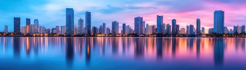 Stunning city skyline at dusk, reflecting in a calm body of water, showcasing vibrant colors of nature and architecture.