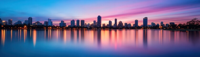 Obraz premium Stunning city skyline at sunset reflecting in calm water, showcasing vibrant colors and modern architecture.