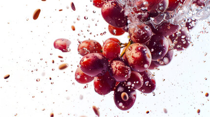 Washing red grapes. A bunch of grapes flies through the air in drops of water on a white background. The grapes float in the water, creating a beautiful and refreshing picture