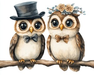 Watercolor Owls as Bride and Groom Illustration