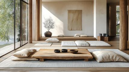 Japandi interior design living room with low wooden table and floor cushions