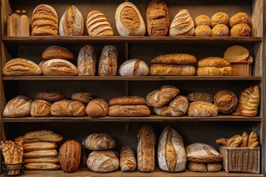A variety of freshly baked bread arranged on wooden shelves in a rustic bakery filled with warmth and aroma