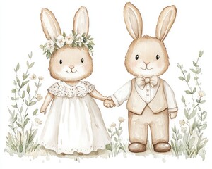 Obraz premium Whimsical Bunny Bride and Groom with Flowers
