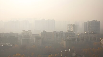 Fototapeta premium Hazy polluted city skyline illustrating the damaging effects of air pollution and its connection to the global warming crisis The image showcases an obscured