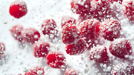 A handful of raspberries in powdered sugar. Close-up of a bunch of raspberries covered with white powder. Raspberries are scattered all over the image. A delicious snack. A natural organic product