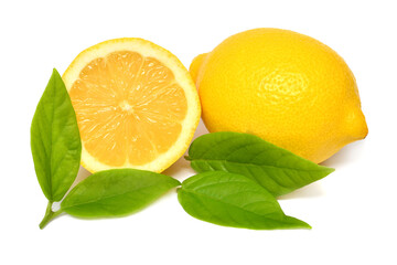 Lemon whole and slice with leaves isolated on white background