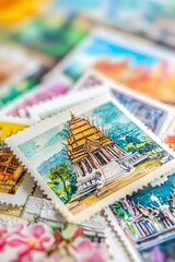 Colorful Stamp Collection Featuring Scenic Temples