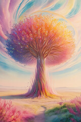 A mysterious towering tree with pastel colors