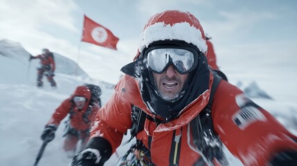 Mountaineers climbing snowy peak, cold weather, action scene, teamwork.