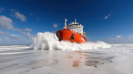 Orange ship navigating through waves under bright blue sky