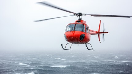 Red helicopter flying over stormy ocean with gray skies.