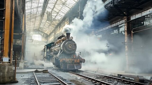 Historic Steam Train Departing Smoke-Filled Industrial Setting
