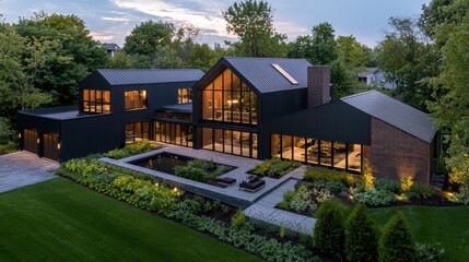 Birds eye view of a modern L-shaped house with dark brick and board and batten design, one side opening to a lush greenhouse