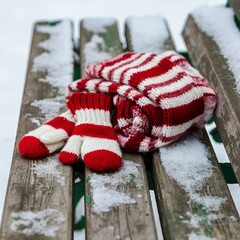 Warm scarf and mittens resting on a wooden bench in the snow