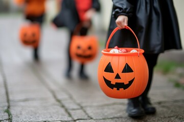 Children go trick-or-treating down the street with Jack-O-Lantern candy buckets on Halloween night in a festive neighborhood