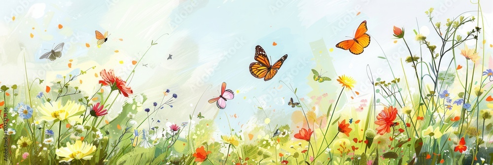 Poster butterflies flutter gracefully above blooming meadow flowers under a clear blue sky, creating a live
