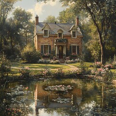 Fototapeta premium Charming Brick Cottage with Pond and Water Lilies - Tranquil Landscape Painting