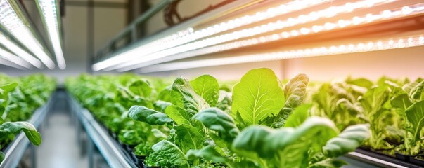 Vibrant green lettuce grows under bright artificial lights in a modern indoor farm, showcasing advanced agricultural technology.