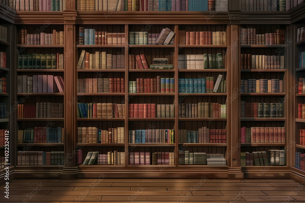 Poster wooden shelves are filled with a variety of textbooks and academic literature, creating a scholarly 