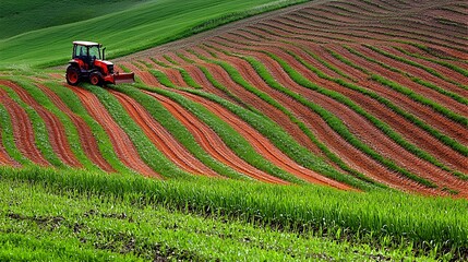 Fototapeta premium A photograph of a farmer using modern machinery to cultivate a productive farming field symbolizing the mechanization and efficiency gained during the green revolution