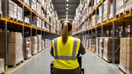 Warehouse worker transporting goods in a large storage facility, showcasing efficiency in a well-organized environment.