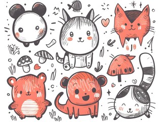 Naklejka premium Cute Hand-Drawn Doodles of Adorable Animals
